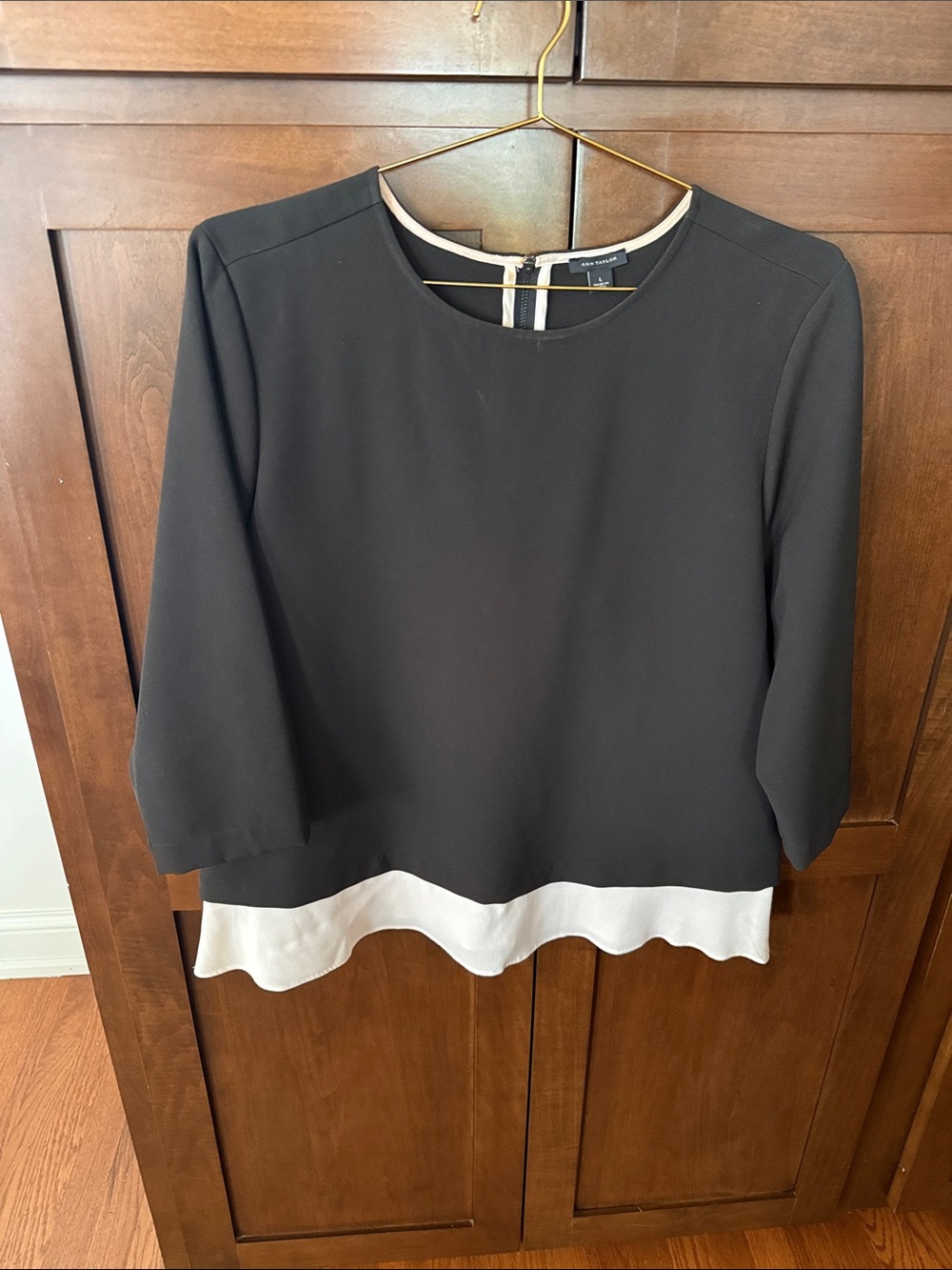 Ann Taylor Black Blouse with Cream Hem
